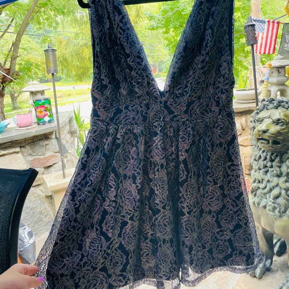 Navy Blue Mini Dress with Navy/Gold Lace Overlay - Picture 2 of 10